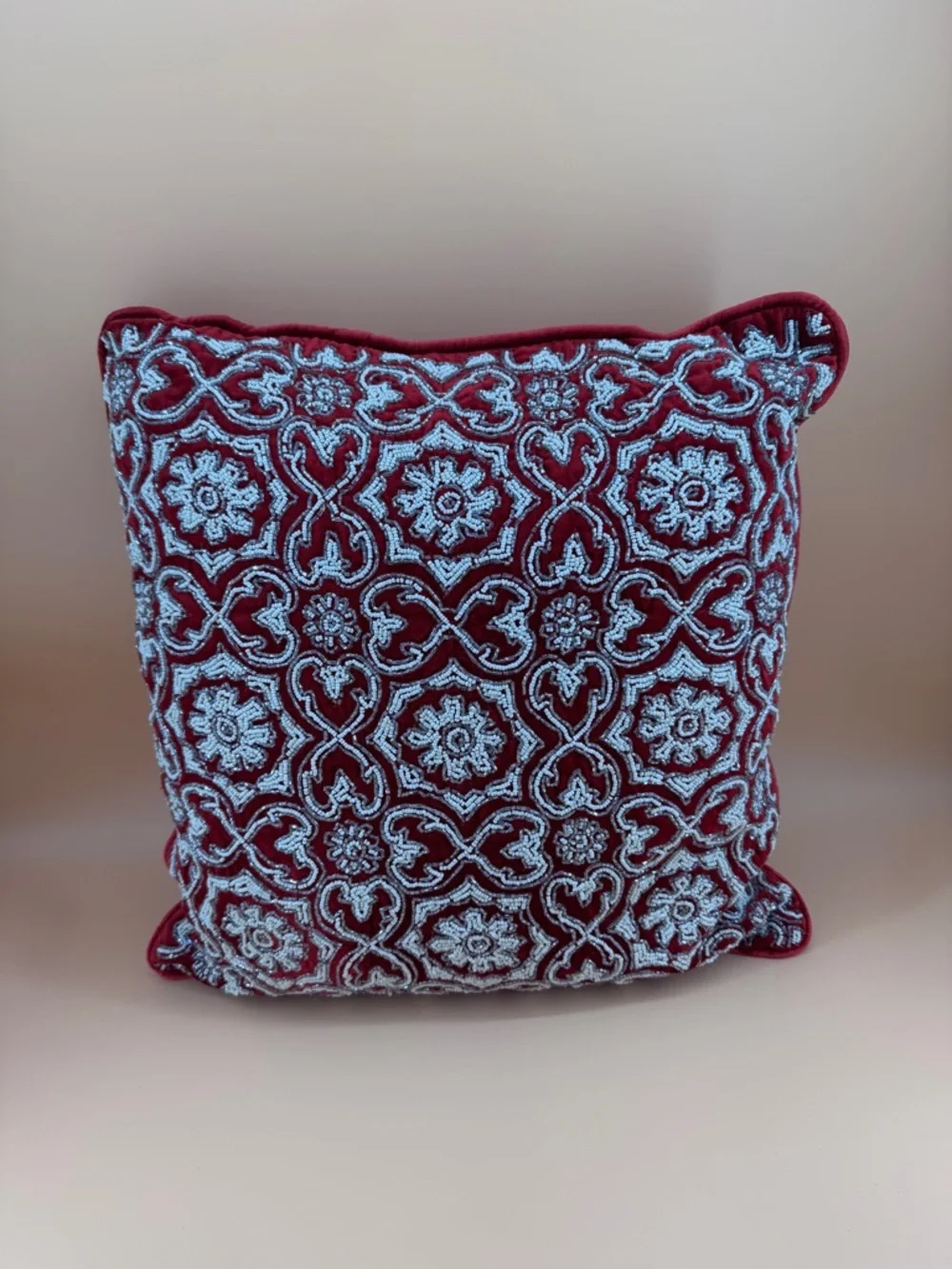 Embroidered Decorative Beaded Accent Throw Pillow Red 17”x17” Made in India